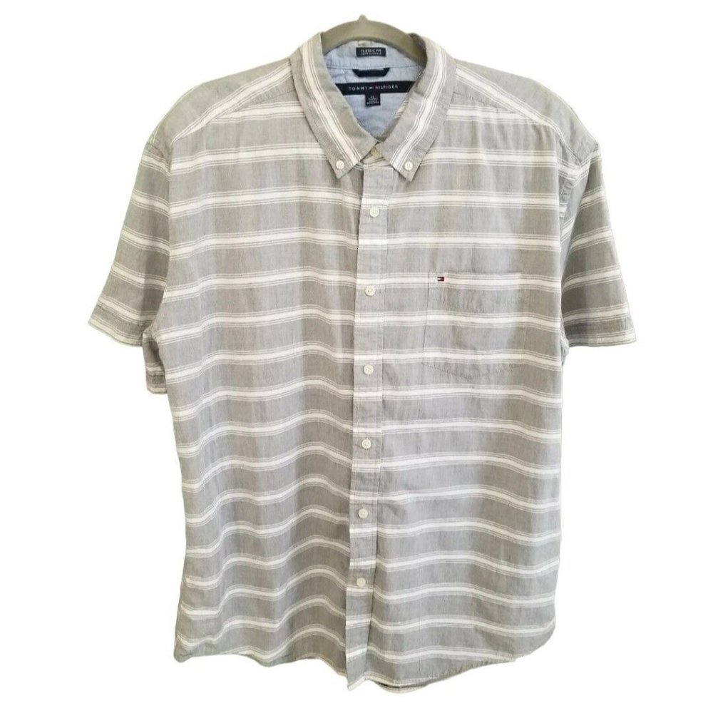 Tommy Hilfiger Sz XL Classic Fit Button Up Shirt Gray White Short Sleeve Cotton